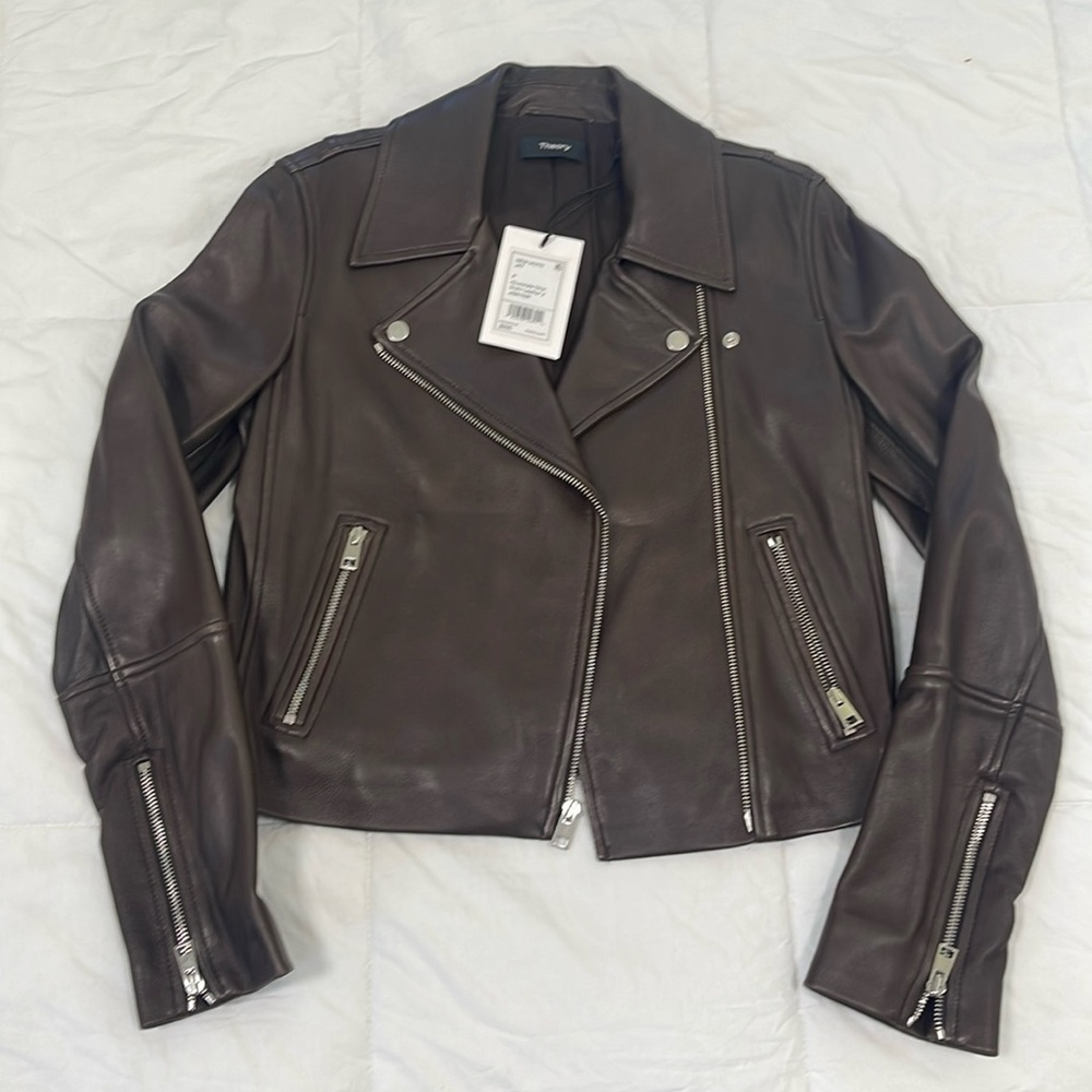 Theory New Moto JKT Chocolate Late Chip Grain Leather 2 NWT Size P (small).